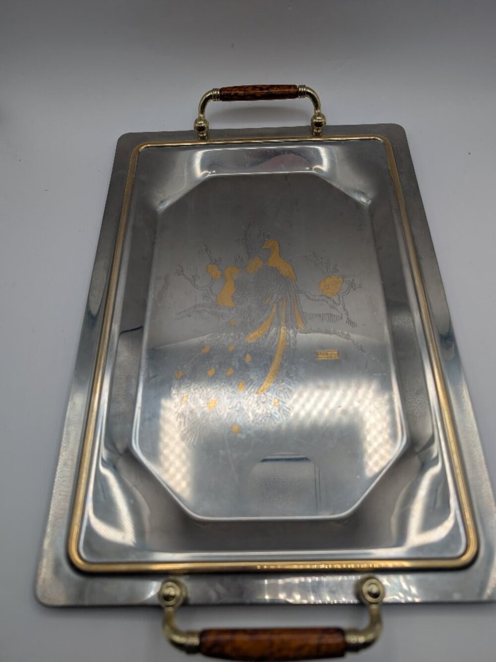 Vintage MGM Inox 18/10 Stainless Steel Serving Tray - Etched Gold Peacock Italy